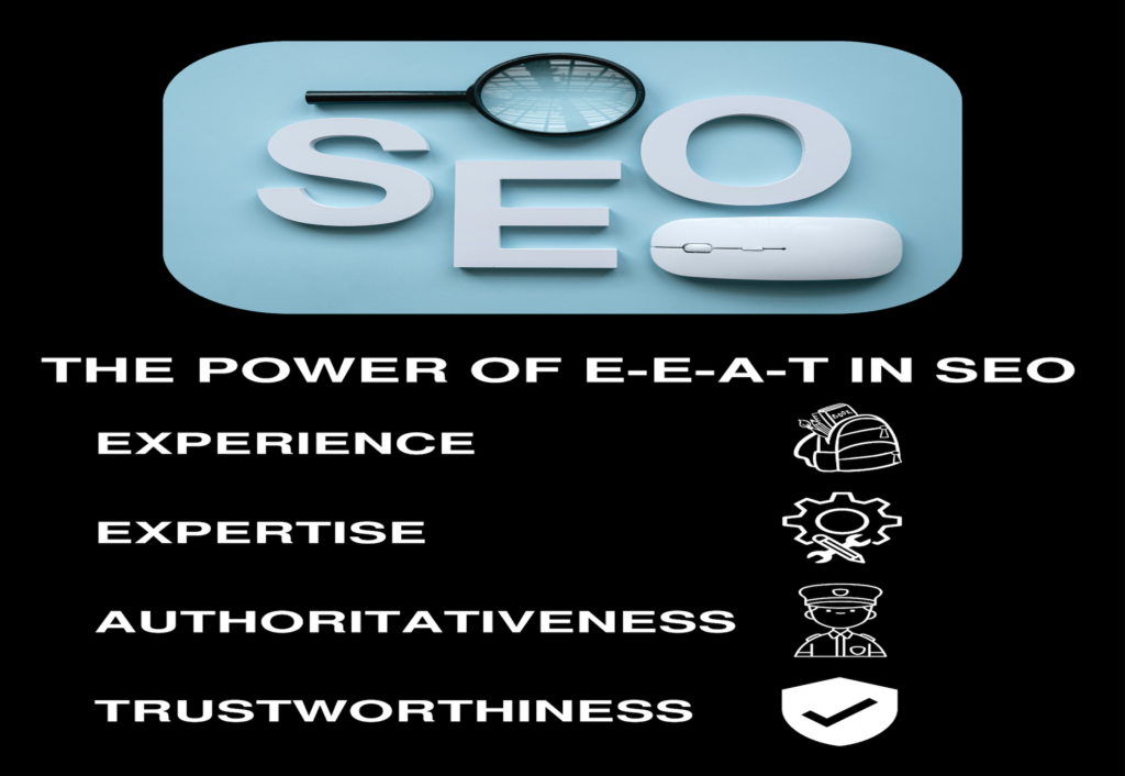 Billede fremviser konceptet E-E-A-T inden for SEO, med ordene 'EXPERIENCE', 'EXPERTISE', 'AUTHORITATIVENESS', og 'TRUSTWORTHINESS' fremhævet ved siden af relevante symboler.
