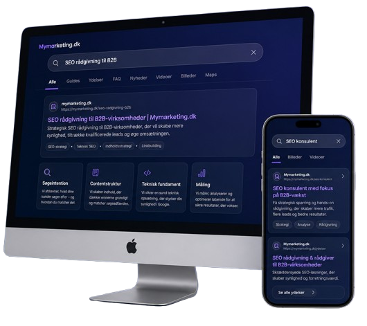 SEO rådgivning til små B2B-virksomheder vist som iMac og iPhone hero visual for MyMarketing.dk